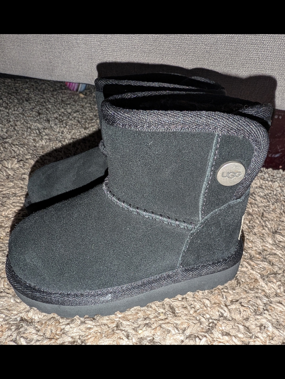 NEW UGG Kids Short Boot in Black Suede with Button Accent